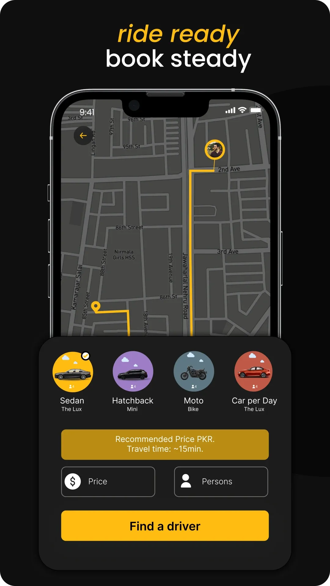 Holo ride booking screen with vehicle categories, recommended fare and a find a driver button