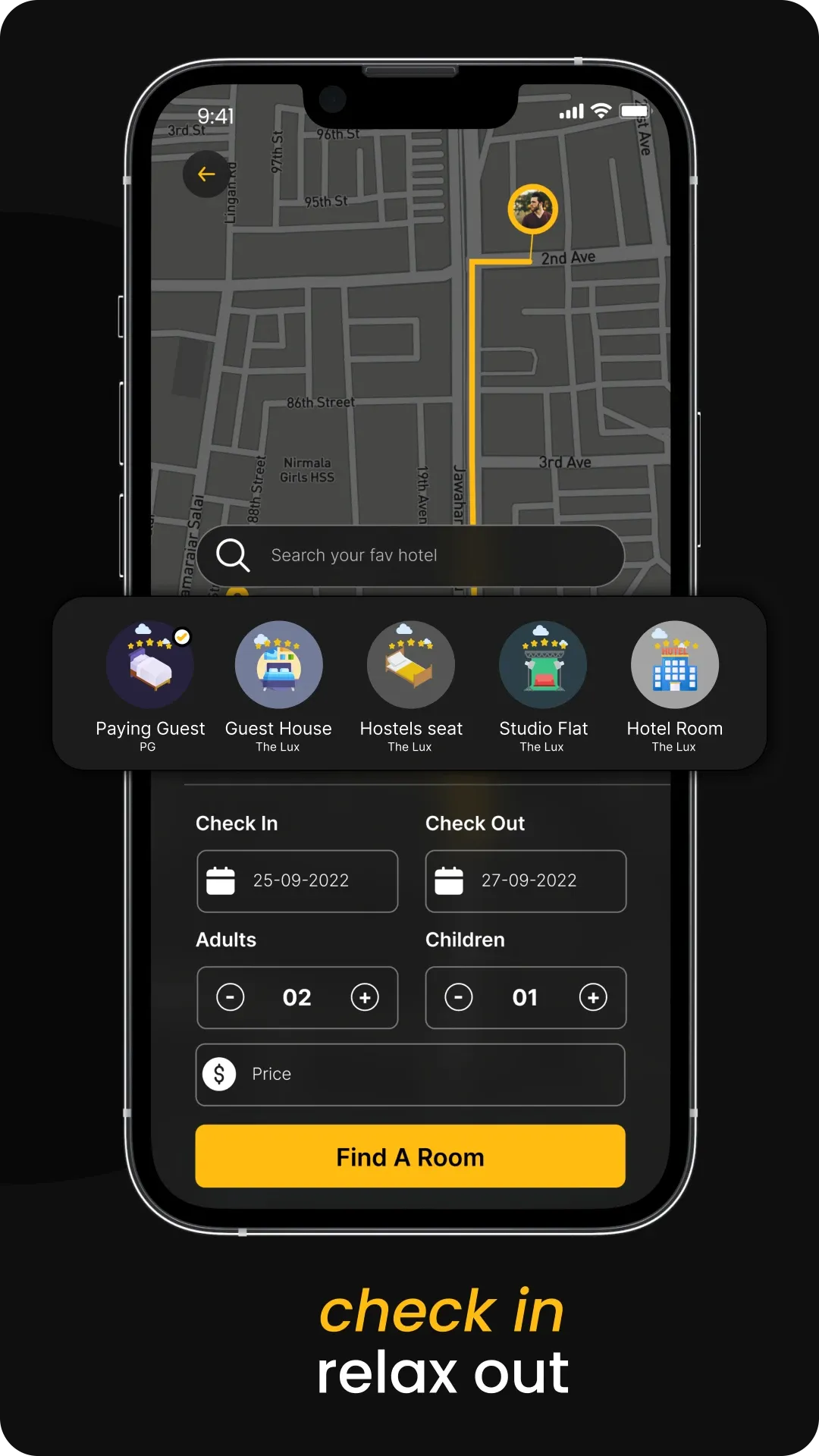 Holo room booking screen with accommodation categories, check in dates and a find a room button