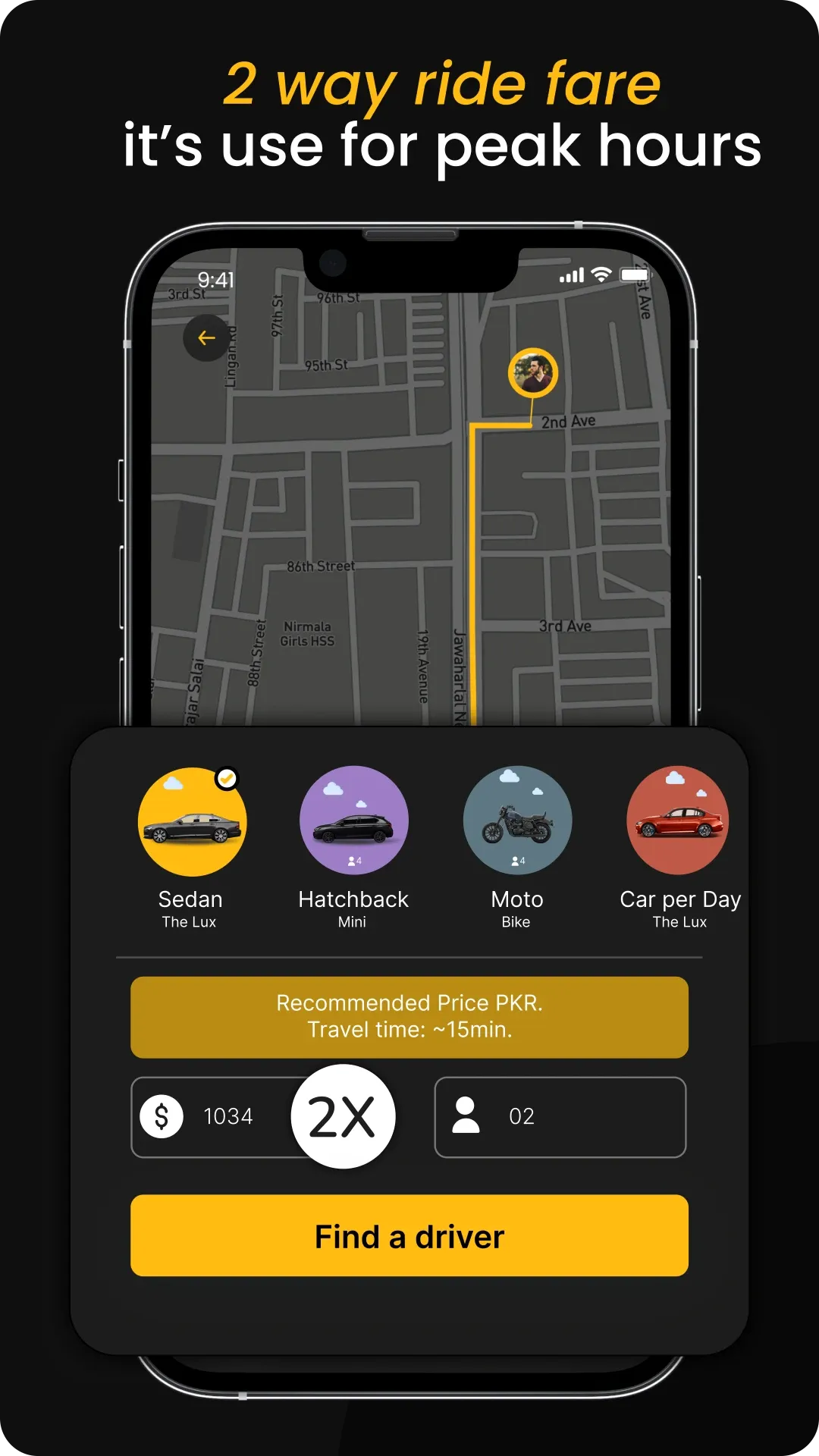 Holo peak hours screen showing a two way ride fare with a 2X multiplier