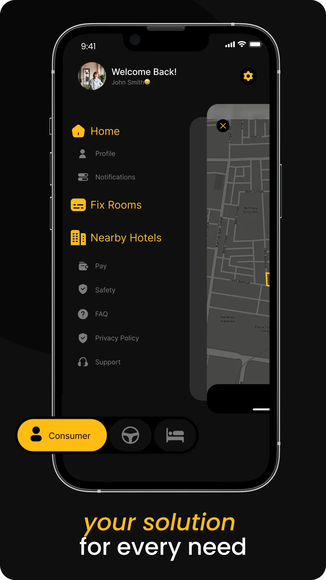Holo app menu showing home, fix rooms, nearby hotels and a consumer, driver and hotel mode switch