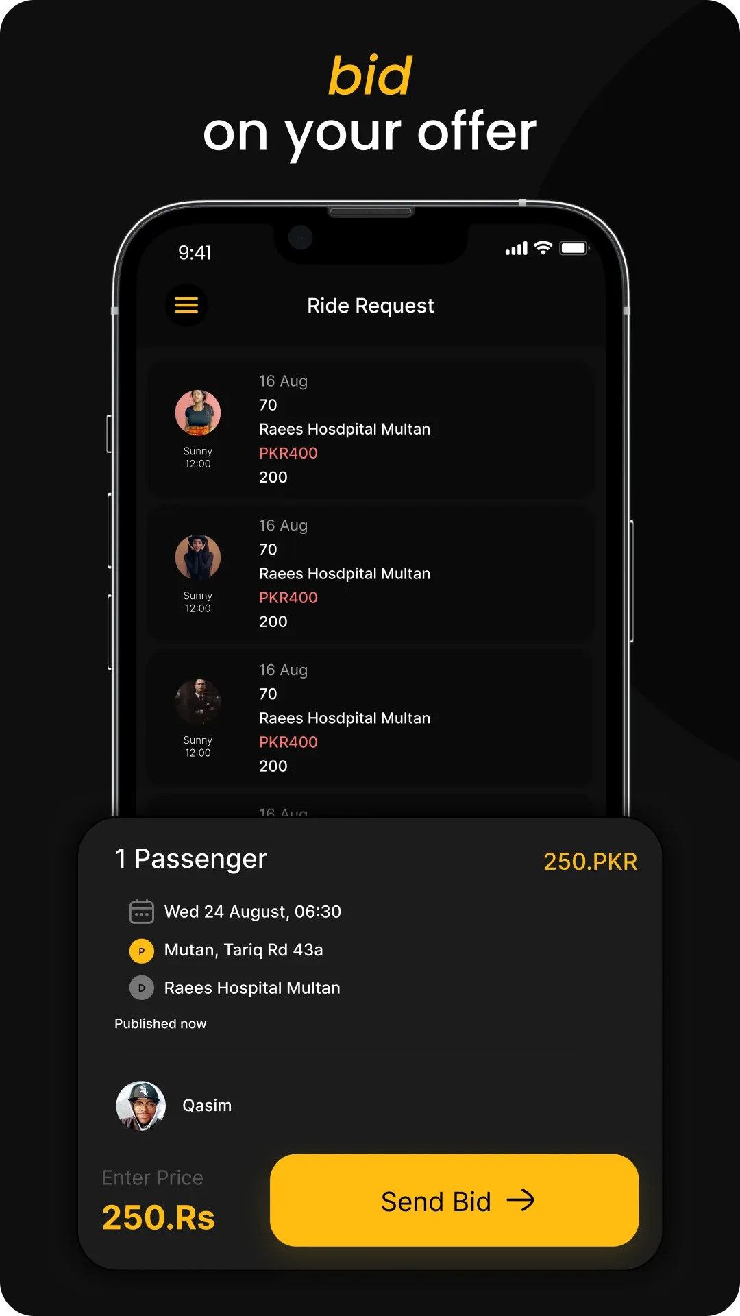Holo ride request list with driver bids and a send bid panel