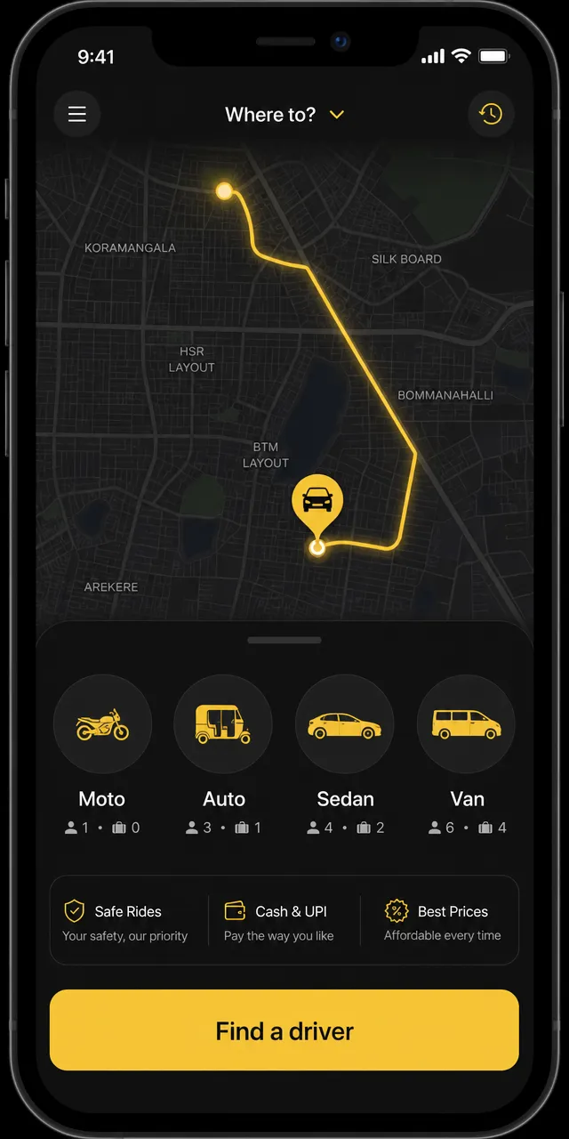 Holo app screen for picking a ride category