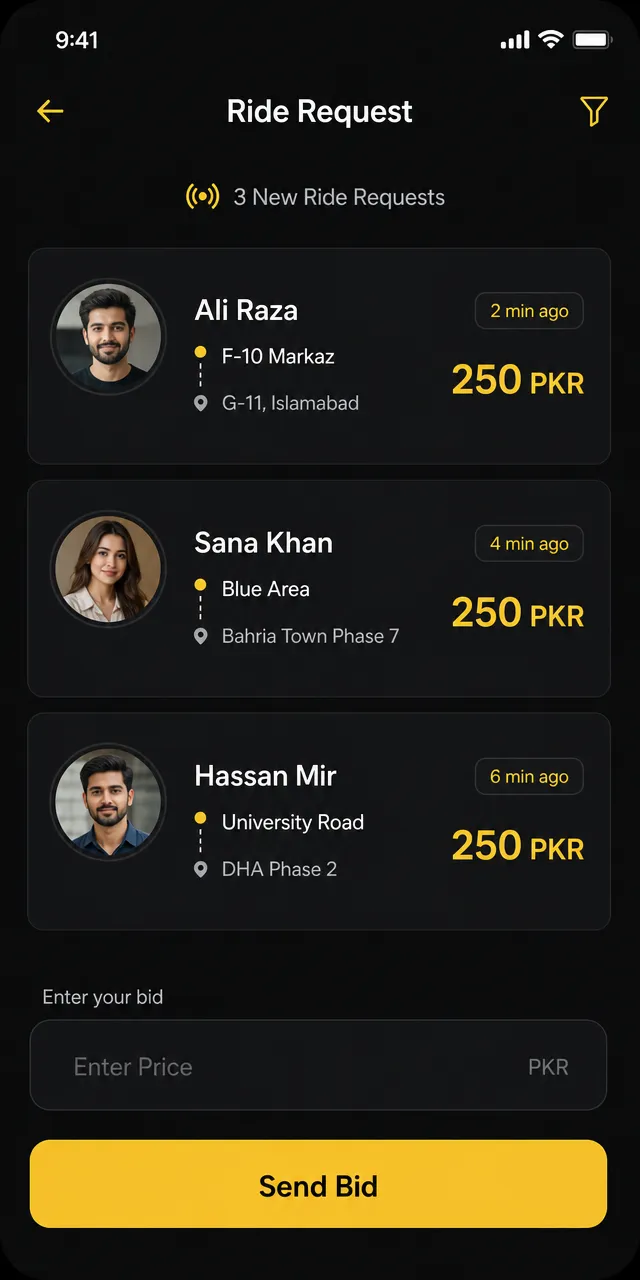 Holo app screen where you enter your own fare and send a bid